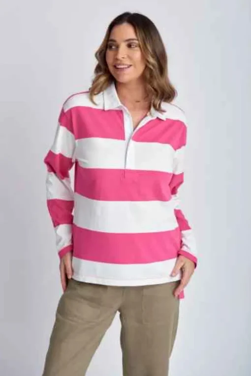 Boyfriend Wide Stripe Cotton Rugby - White | Raspberry