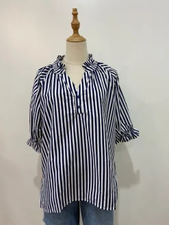 Charlie Frill Short Sleeve Top | Navy Stripe