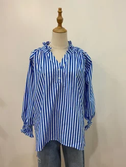 Charlie Frill Top | Cobalt + white Stripe