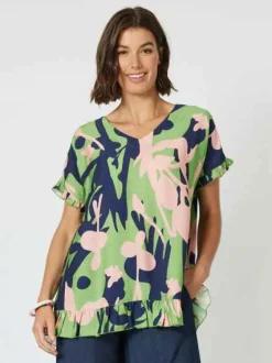 Clarity - Como Ruffle Printed Top - Green - Women Fashion