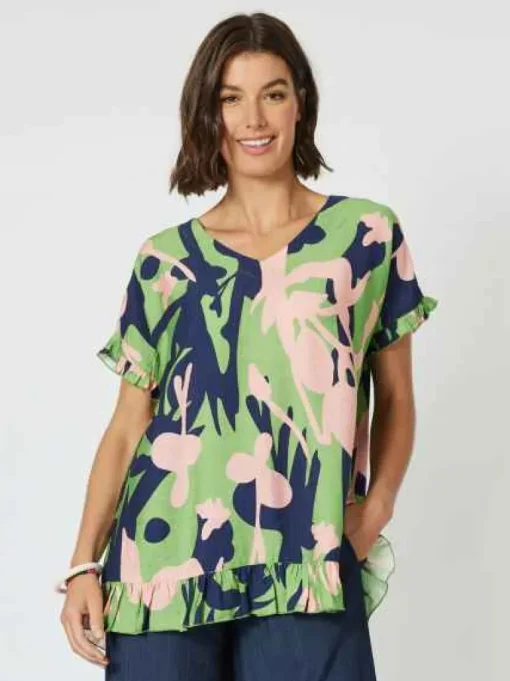 Clarity - Como Ruffle Printed Top - Green - Women Fashion