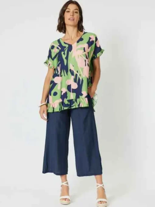 Clarity - Como Ruffle Printed Top - Green - Women Fashion