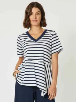 Clarity- Striped Spliced Tee - Navy/White - Womens Fashion
