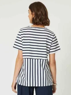 Clarity- Striped Spliced Tee - Navy/White - Womens Fashion