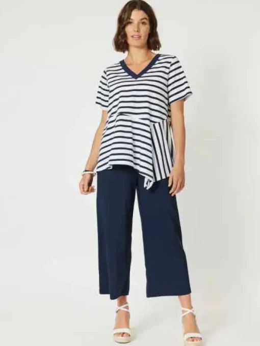 Clarity- Striped Spliced Tee - Navy/White - Womens Fashion