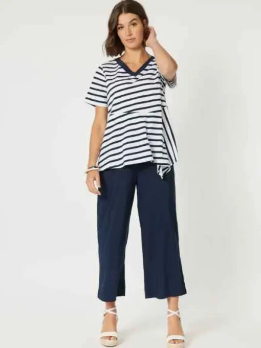 Clarity- Striped Spliced Tee - Navy/White - Womens Fashion