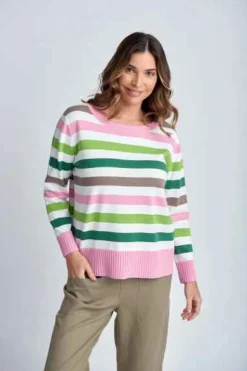 cloth + paper + scissors - Multi Stripe Cotton Jumper - Twig | White | Pink - Womens Fashion