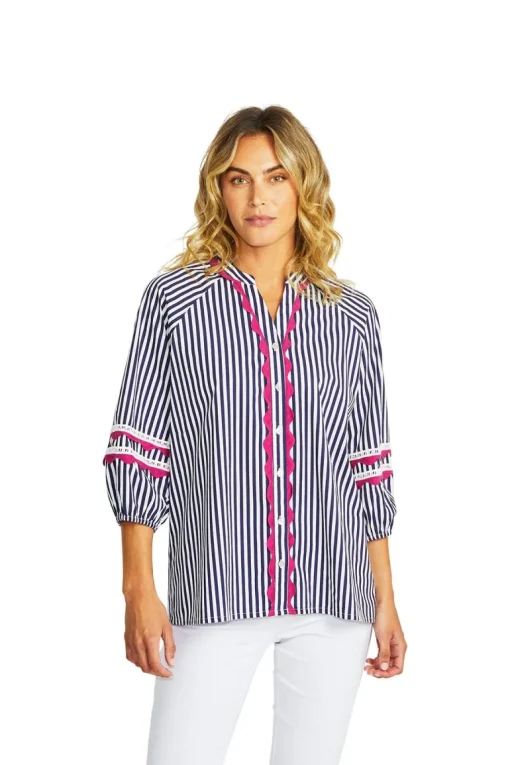 Delia Ric Rac Blouse | White Navy
