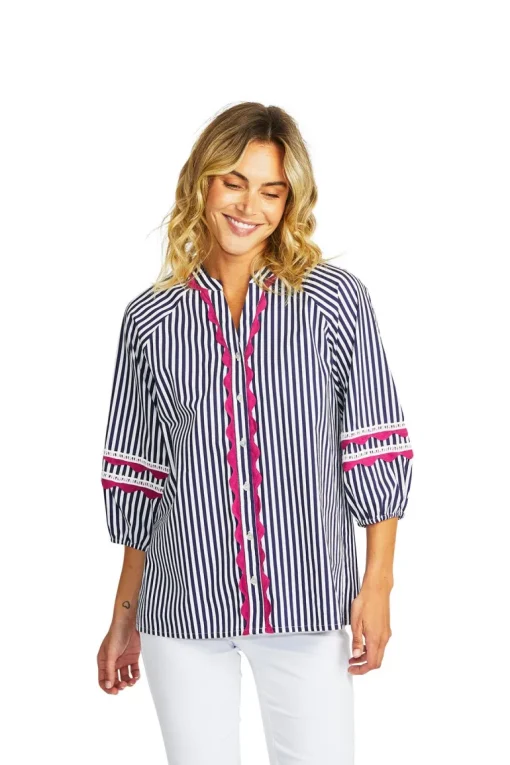 Delia Ric Rac Blouse | White Navy