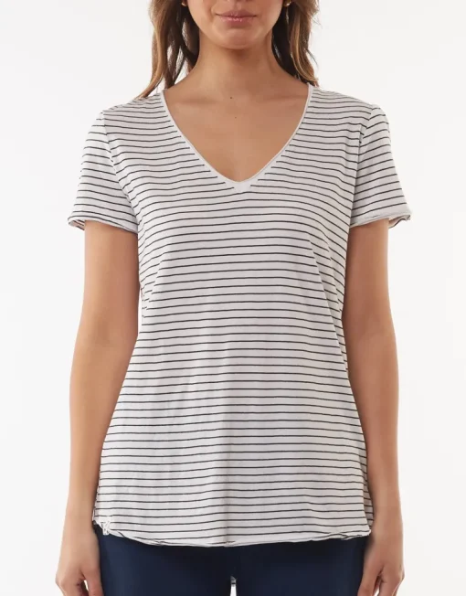 Elm - Fundamental Vee Tee - Stripe - Womens Fashion