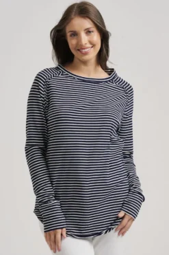 est. 1971 - Raw Crew Long Sleeve Tee - Navy Stripe - Womens Fashion