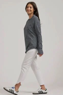 est. 1971 - Raw Crew Long Sleeve Tee - Navy Stripe - Womens Fashion