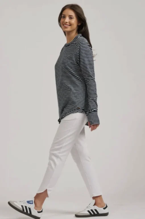 est. 1971 - Raw Crew Long Sleeve Tee - Navy Stripe - Womens Fashion
