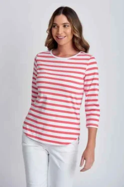 Goondiwindi Cotton - 3/4 Sleeve Stripe Tee - Coral/White - Womens Fashion