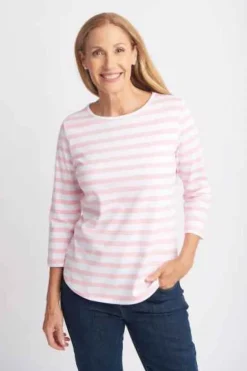 Goondiwindi Cotton - 3/4 Sleeve Stripe Tee - Tickle Pink/White - Womens Fashion