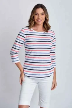 Goondiwindi Cotton - 3/4 Sleeve Multi Stripe Tee - Steel Blue Combo - Womens Fashion