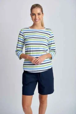 Goondiwindi Cotton - 3/4 Sleeve Multi Stripe Tee - Green Combo - Womens Fashion