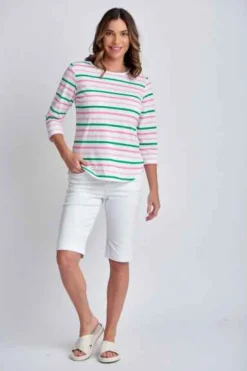 Goondiwindi Cotton - 3/4 Sleeve Multi Stripe Tee - Tickle Pink Combo - Womens Fashion
