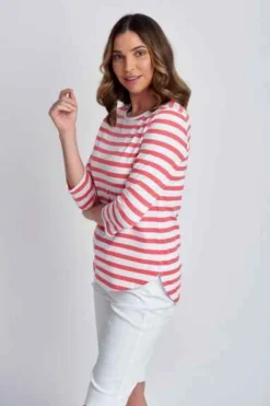 Goondiwindi Cotton - 3/4 Sleeve Stripe Tee - Coral/White - Womens Fashion