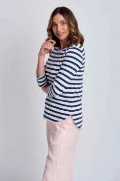 Goondiwindi Cotton - 3/4 Sleeve Stripe Tee - Navy/White - Womens Fashion
