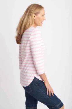 Goondiwindi Cotton - 3/4 Sleeve Stripe Tee - Tickle Pink/White - Womens Fashion