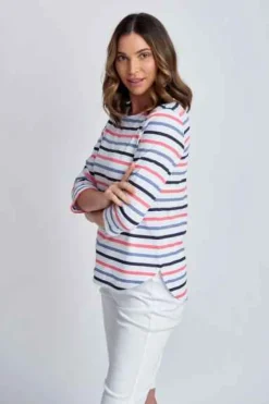 Goondiwindi Cotton - 3/4 Sleeve Multi Stripe Tee - Steel Blue Combo - Womens Fashion