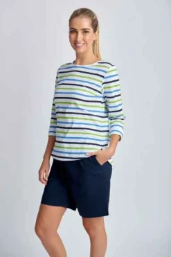 Goondiwindi Cotton - 3/4 Sleeve Multi Stripe Tee - Green Combo - Womens Fashion