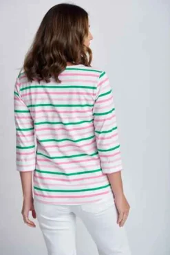 Goondiwindi Cotton - 3/4 Sleeve Multi Stripe Tee - Tickle Pink Combo - Womens Fashion