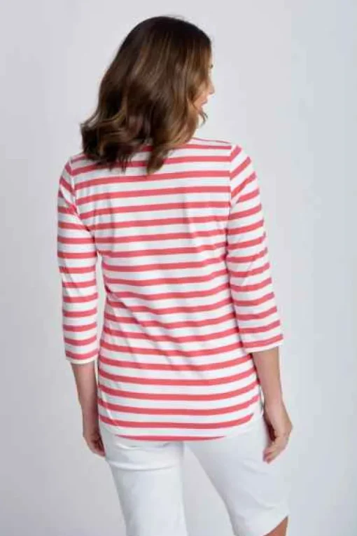Goondiwindi Cotton - 3/4 Sleeve Stripe Tee - Coral/White - Womens Fashion