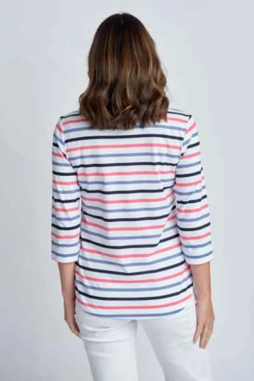 Goondiwindi Cotton - 3/4 Sleeve Multi Stripe Tee - Steel Blue Combo - Womens Fashion