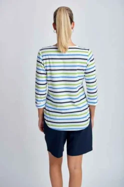 Goondiwindi Cotton - 3/4 Sleeve Multi Stripe Tee - Green Combo - Womens Fashion