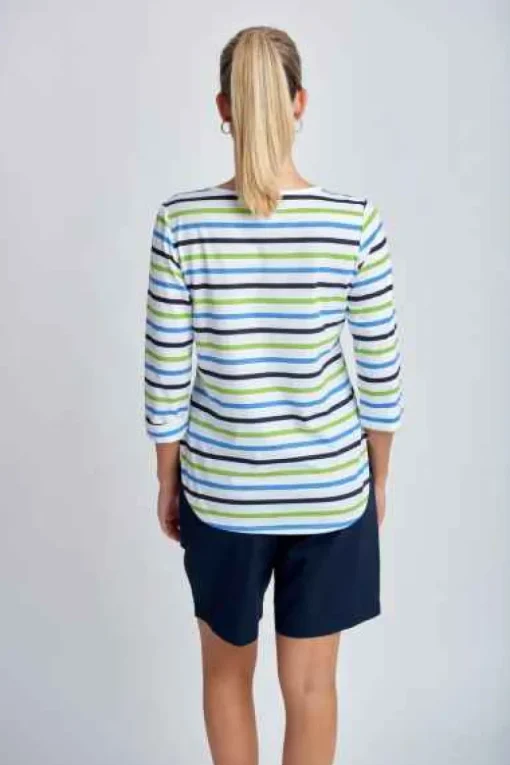 Goondiwindi Cotton - 3/4 Sleeve Multi Stripe Tee - Green Combo - Womens Fashion