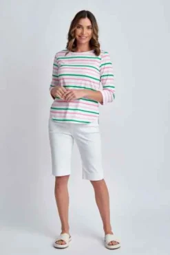 Goondiwindi Cotton - 3/4 Sleeve Multi Stripe Tee - Tickle Pink Combo - Womens Fashion