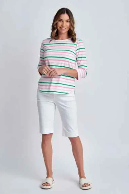 Goondiwindi Cotton - 3/4 Sleeve Multi Stripe Tee - Tickle Pink Combo - Womens Fashion