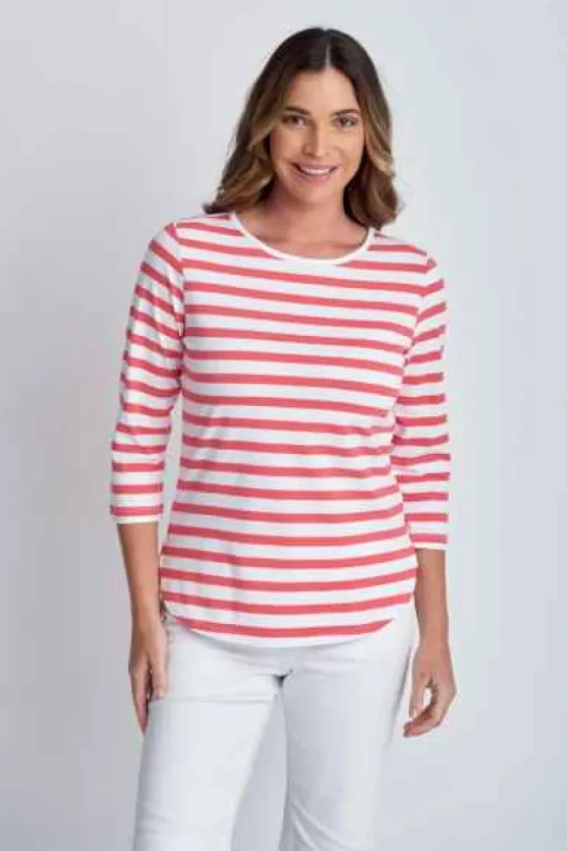 Goondiwindi Cotton - 3/4 Sleeve Stripe Tee - Coral/White - Womens Fashion