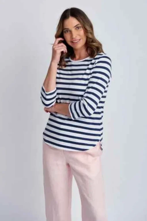 Goondiwindi Cotton - 3/4 Sleeve Stripe Tee - Navy/White - Womens Fashion