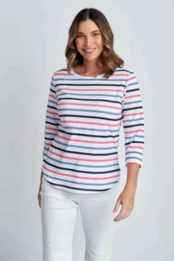 Goondiwindi Cotton - 3/4 Sleeve Multi Stripe Tee - Steel Blue Combo - Womens Fashion
