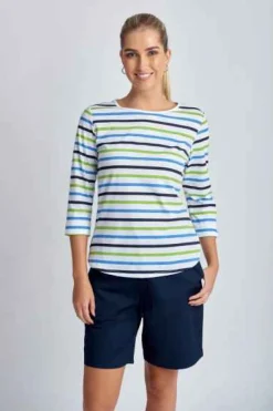 Goondiwindi Cotton - 3/4 Sleeve Multi Stripe Tee - Green Combo - Womens Fashion