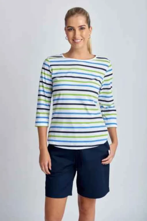 Goondiwindi Cotton - 3/4 Sleeve Multi Stripe Tee - Green Combo - Womens Fashion