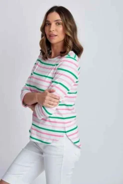 Goondiwindi Cotton - 3/4 Sleeve Multi Stripe Tee - Tickle Pink Combo - Womens Fashion
