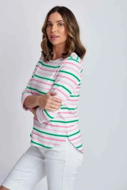 Goondiwindi Cotton - 3/4 Sleeve Multi Stripe Tee - Tickle Pink Combo - Womens Fashion