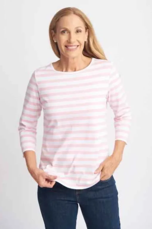 Goondiwindi Cotton - 3/4 Sleeve Stripe Tee - Tickle Pink/White - Womens Fashion