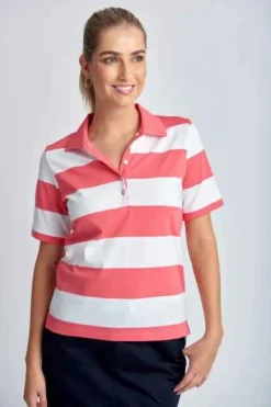 Goondiwindi Cotton - Cotton Striped Classic Fit Polo Shirt - Coral/White - Womens Fashion