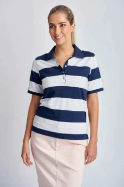 Goondiwindi Cotton - Cotton Striped Classic Fit Polo Shirt - Navy/White - Womens Fashion