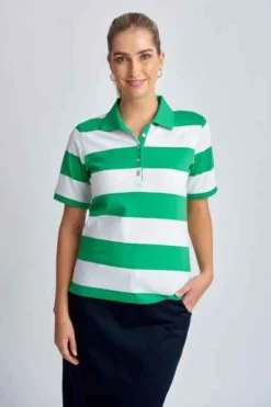 Goondiwindi Cotton - Cotton Striped Classic Fit Polo Shirt - Kelly Green/White - Womens Fashion