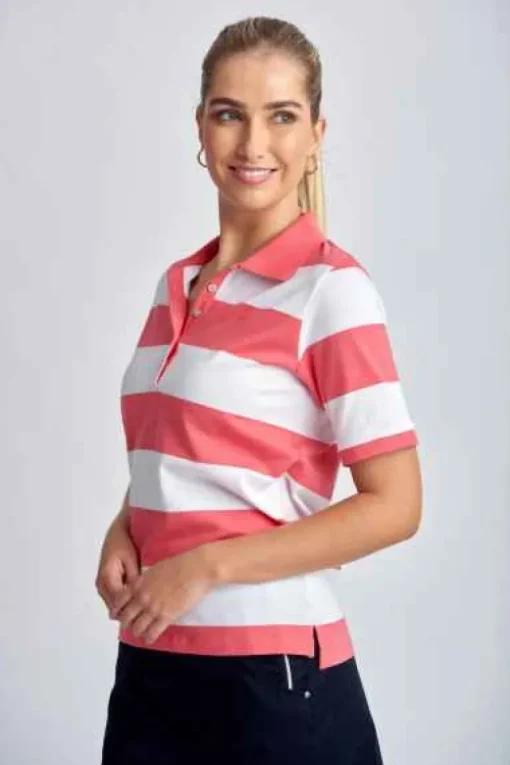 Goondiwindi Cotton - Cotton Striped Classic Fit Polo Shirt - Coral/White - Womens Fashion