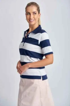 Goondiwindi Cotton - Cotton Striped Classic Fit Polo Shirt - Navy/White - Womens Fashion