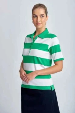 Goondiwindi Cotton - Cotton Striped Classic Fit Polo Shirt - Kelly Green/White - Womens Fashion