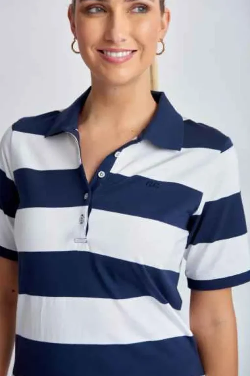 Goondiwindi Cotton - Cotton Striped Classic Fit Polo Shirt - Navy/White - Womens Fashion
