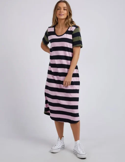 Mercury Dress - Khaki, Navy & Pink Stripe
